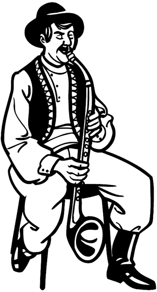 Man in native dress playing horn vinyl decal. Customize on line. Music 061-0336